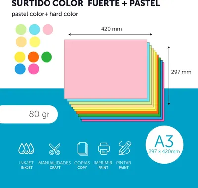 Imagen del producto de Papel de tamaño A3, de colores, 80 g/m², 50 hojas, ideal para proyectos creativos