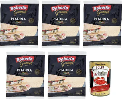 Produktbild von 5x Roberto Gourmet Piadina Spessa Piadina Brot,Packung mit 350g, Jede Packung enthält 3 Wraps + Italian Gourmet Polpa di Pomodoro 400g Dose