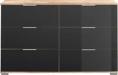 Produktbild von Schlafzimmer Kommode mit 6 Schubladen in Plankeneiche Nb. mit grauem Glas ELSTRA-43, B/H/T ca. 130/83/41 cm