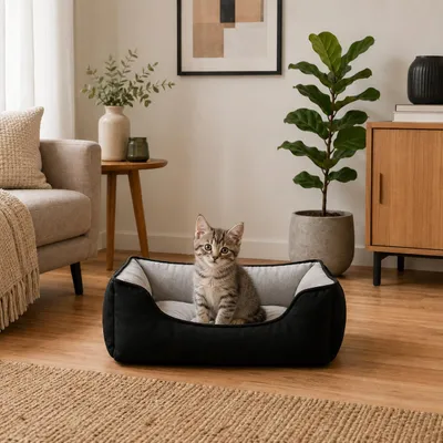 Produktbild von belviona Katzenbett, wendbares Katzenkörbchen mit 2-in-1 Funktion, weich gepolstert & pflegeleicht, 60x50 cm, schwarz/grau