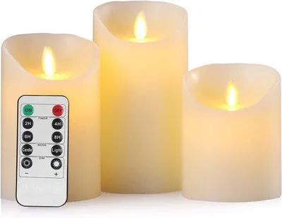 Immagine prodotto di Set di candele elettriche a LED con effetto tremolante, telecomando e ciclo di 24 ore, set da 3 pezzi, 10-15 cm, Vetroceramica color avorio