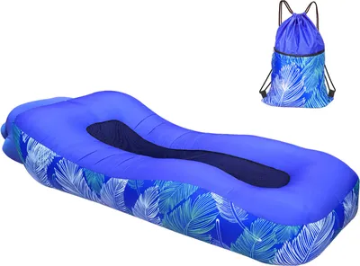 An inflatable lounger and a drawstring bag are displayed against a white background.