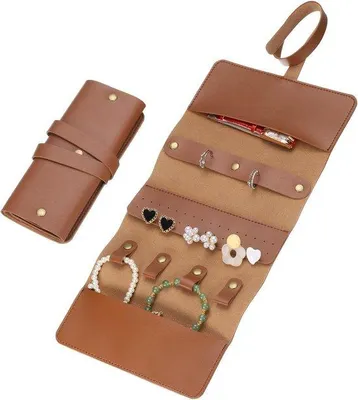 Produktbild von Famanu Reise-Schmuckrolle 2 Stück - Faltbare Schmuckorganizer für Ringe, Halsketten, Ohrringe, Armbänder - Braun