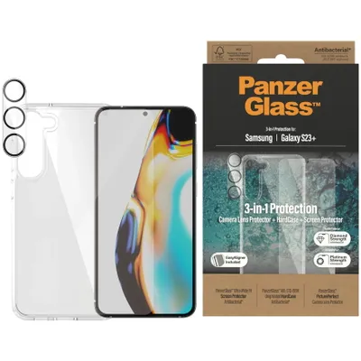 Zdjęcie produktu dla PanzerGlass ® 3-in-1 Bundle Samsung Galaxy S23+, Samsung, Samsung - Galaxy S23+, Aplikacja na sucho, Odporny na zadrapania, Odporny na wstrząsy, Przeciwbakteryjny, Przezroczysty, 1 szt.
