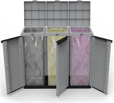 A three-compartment recycling bin with open doors and lids.