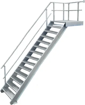 A metal staircase with a handrail and a platform at the top, isolated on a white background.