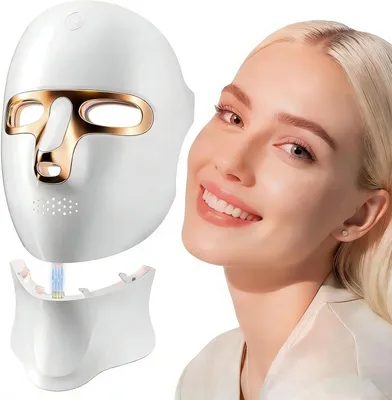 Produktbild von Rotlichttherapie Maske LED, 7 Farben Gesichtsmaske mit 120 Licht LEDs, Halsaufsatz und kabelloser Bedienung für Beauty Pflege Zuhause