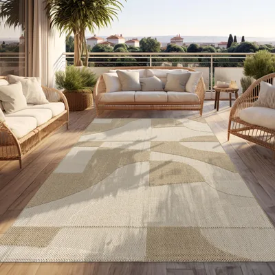 Produktbild von Outdoor Teppich Wetterfest Balkon Wohnzimmer Boho Geometrisch Beige Creme Grösse 160x220 cm