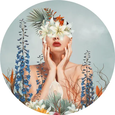 Produktbild von Sticker Kreis GESICHT Frau Blumen tropische Blätter Pflanzen Abstraktion Wanddekoration Wandtattoo 100 cm x 100 cm