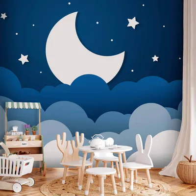Produktbild von Vlies Fototapete - Moon dream - clouds on a dark blue sky with stars for children 250x175 cm Für Kinder e-A-10023-a-a