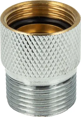 A close-up studio shot of a metal hose adapter.
