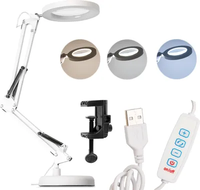 Produktbild von LUMILED LED 8W Schreibtischlampe Weiß Lupenlampe Dimmbar 3x Vergrößerung Lupe Farbwechsel CCT 3000/4500/6000K USB-C Schwenkarm Tischklemme 400lm Schwenkarm mit Licht und Ständer USB Arbeitsplatzlampe Glaslinse Kosmetiklampe Basteln Lesen