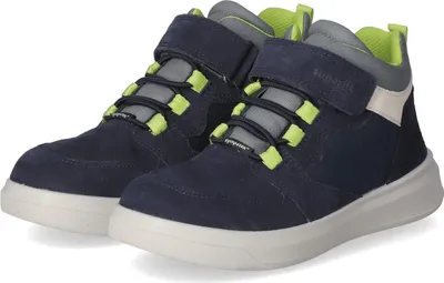A pair of blue children's high-top sneakers with green accents and white soles.