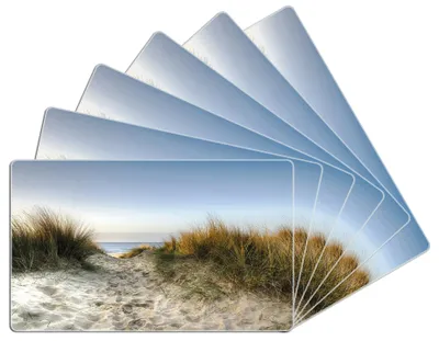 Produktbild von Wallario Frühstücksbrettchen 6er Set aus Glas, je 14 x 23 cm, mit rutschfesten Füßen, Motiv Weg durch die Dünen zum Strand am Meer
