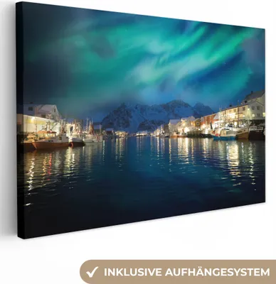 Produktbild von OneMillionCanvasses® - Leinwandbilder - 150x100 cm, Nordlichter - Norwegen - Berg, Wandbilder Kunstdruck Wanddekoration