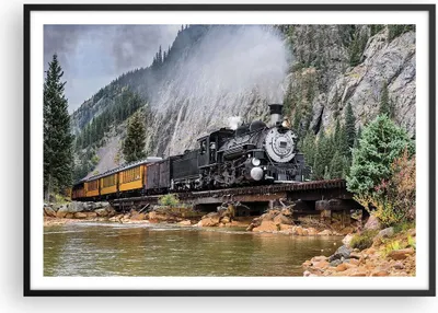 Produktbild von Gerahmtes Poster - Schwarzer Rahmen - Alt Lokomotive Berge - 100x70 cm - Wand Bild - Wanddeko - Wandbilder - Kunstposter - Wandposter - Bilderrahmen - Bilder - Kunstdruck - P2BAA100x70-4581