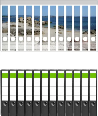 Produktbild von Wallario 12 Stück schmale Ordner inkl. Klebeetiketten mit Motive Felsen auf einem Sandstrand -  Set mit Rückenschildern / Ordnerrücken Stickern