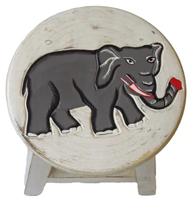 Productafbeelding van Houten kruk, kinderstoel, kruk, zitkruk, voetenbank, massief hout, krukje, stoel met dierenmotief, decoratief, wit, olifant