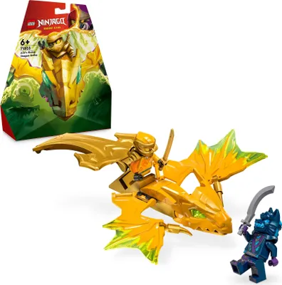 A LEGO Ninjago Arin's Dragon Glider set with packaging and figures.