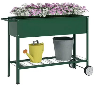 Productafbeelding van Verhoogde kasthoogbed voor groenten - 109 x 44 x 80 cm - Metaal - Met opbergruimte - 2 wielen - Bewateringssysteem - Groen
