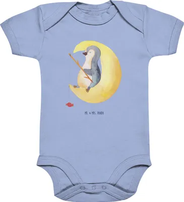 Produktbild von Mr. & Mrs. Panda Strampler Pinguin Mond 1. - 3. Monat - Dusty Blue - Geschenk, schlafen, Baby, Spruch, Erschöpft, overall, Kurzarmbody, babykleidung body, Schlafzimmer