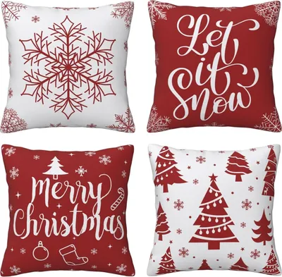 Produktbild von 4 Stück Kissenbezug Weihnachten Weihnachtselementstile Muster Dekorative Kissenhülle Baumwolle Leinen Sie Kissenbezüge (45 x 45 cm, Rot Weihnachten)