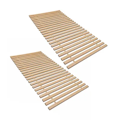 Two wooden bed slats laid out on a white background.
