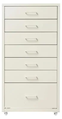 Zdjęcie produktu dla Metalowa szafka z 7 szufladami – szafka nocna / szafka na kółkach – wolnostojąca – 4 kółka – 35 x 26 x 69 cm – biała
