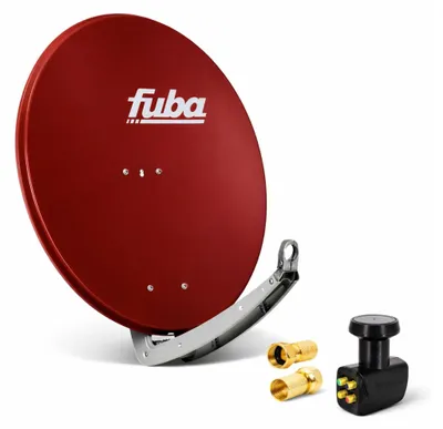 A red satellite dish with mounting hardware and accessories, presented on a white background.