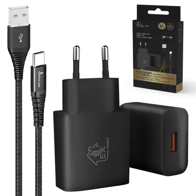 Produktbild von Extralink Smart Life USB Typ-A zu Typ-C, 200cm, Schwarz + Ladegerät 12W, Schwarz