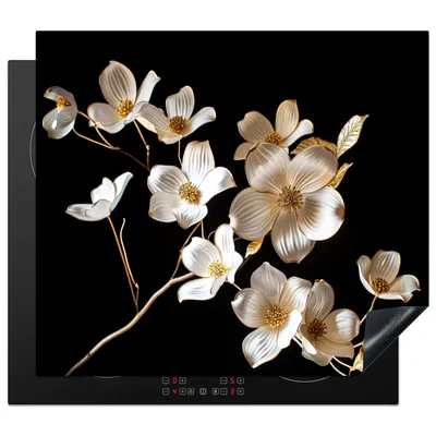 Produktbild von KitchenYeah© Herdabdeckplatte Schwarz - Blumen - Weiß , 57x51cm, Küche Deko, Glaskeramikkochfeld Herdabdeckung, Abdeckplatte fùr Kochfeld