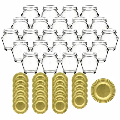 Produktbild von gouveo 24er Set Einmachgläser 106 ml Henkel mit Schraubverschluss goldfarben - Kleines Vorratsglas mit Deckel