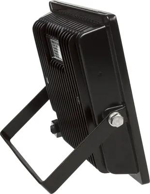 A black LED floodlight with a metal bracket is shown from a side angle against a white background.