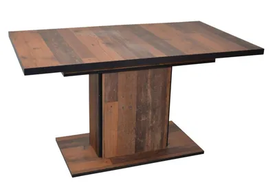 A table with a wooden top and a pedestal base, shown against a white background.