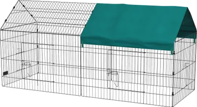 Produktbild von Kleintiergehege mit Dach, 4 Türen, wetterfest, Stahl/Polyester, 220x85x103cm, Grün/Schwarz