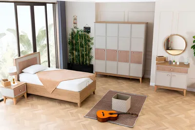 Obrázek produktu pro Vollständiges Kinderzimmer Set Designer Kinderbett Kleiderschrank Spiegel