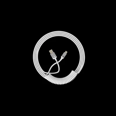 A coiled white USB cable with silver connectors is displayed against a black background.