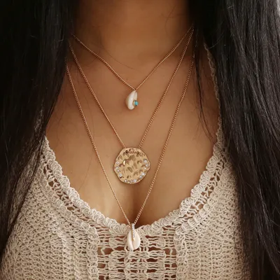 Produktbild von Vintage Strand Muschel Anhänger Mehrschichtige Halskette Damen Kette Party Schmuck Geschenk