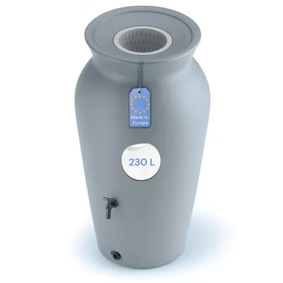 Produktbild von ourCasa Regentonne 120-230 Liter [DropCatcher] mit Filterkorb & Wasserhahn - Regenfass Frostsicher Kunststoff Regenwassertonne (Grau, 230L)