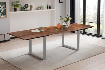 Produktbild von Esstisch mit Ansteckplatten 220(320)x100 cm Baumkante Akazie nussbaum U-Gestell silber ADINA