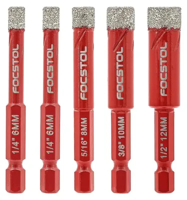 Obrázek produktu pro Sada diamantových vrtáků 5 kusů, 6/6/8/10/12 mm, s šestihrannou stopkou, pro vrtání keramiky, mramoru a žuly