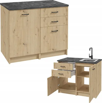 Two kitchen cabinets with a dark countertop, one is a larger unit with a door and three drawers, the other is a smaller unit with a sink and faucet, and open compartments.