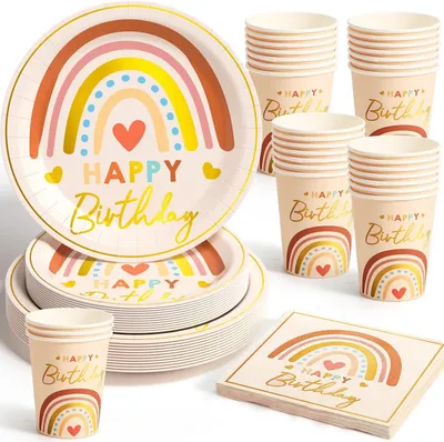 Productafbeelding van Boho regenboog verjaardag feestservies - Magisch boho verjaardag servies party decoratie