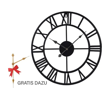 A large, vintage-style wall clock with Roman numerals and a separate set of gold clock hands with a red bow.