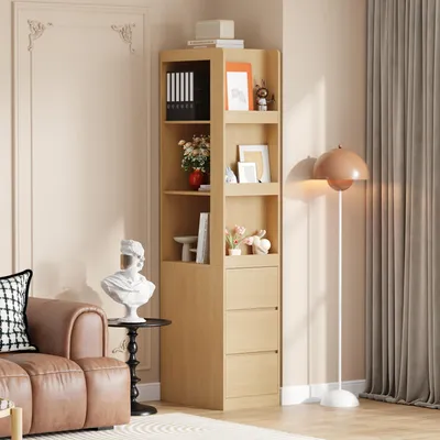 Produktbild von Flieks Schmales Bücherregal, Standregal mit 3 offenen Fächern und 3 Schubladen, Badezimmerschrank 60×40×200 cm, Oak