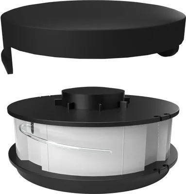 A black spool and cap for a string trimmer, shown separately against a white background.