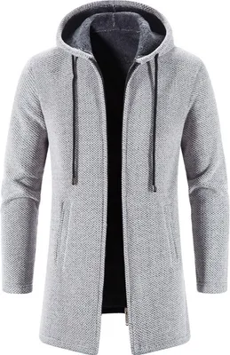 Produktbild von ASKSA Herren Strickjacke mit Kapuze Lang Gestrickt Cardigan Pullover Hoodie Kapuzenjacke Winter Fleecejacke, Hellgrau, L