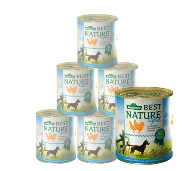 Produktbild von Dehner Best Nature Hundefutter Light, Nassfutter fettreduziert, für übergewichtige Hunde, Huhn / Karotte, 6 x 800 g Dose (4.8 kg)