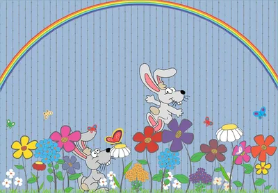Produktbild von Wallario Fototapete Vliestapete, seidenmatte Oberfläche, einfache Verarbeitung, Größe 350 x 245 cm, Motiv Süße Hasen unter einem Regenbogen