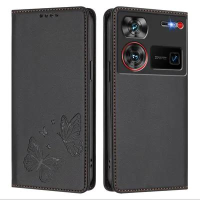 Image de Étui en cuir pour ZTE Nubia Z60 Ultra, motif papillon, étui portefeuille à rabat avec support, noir